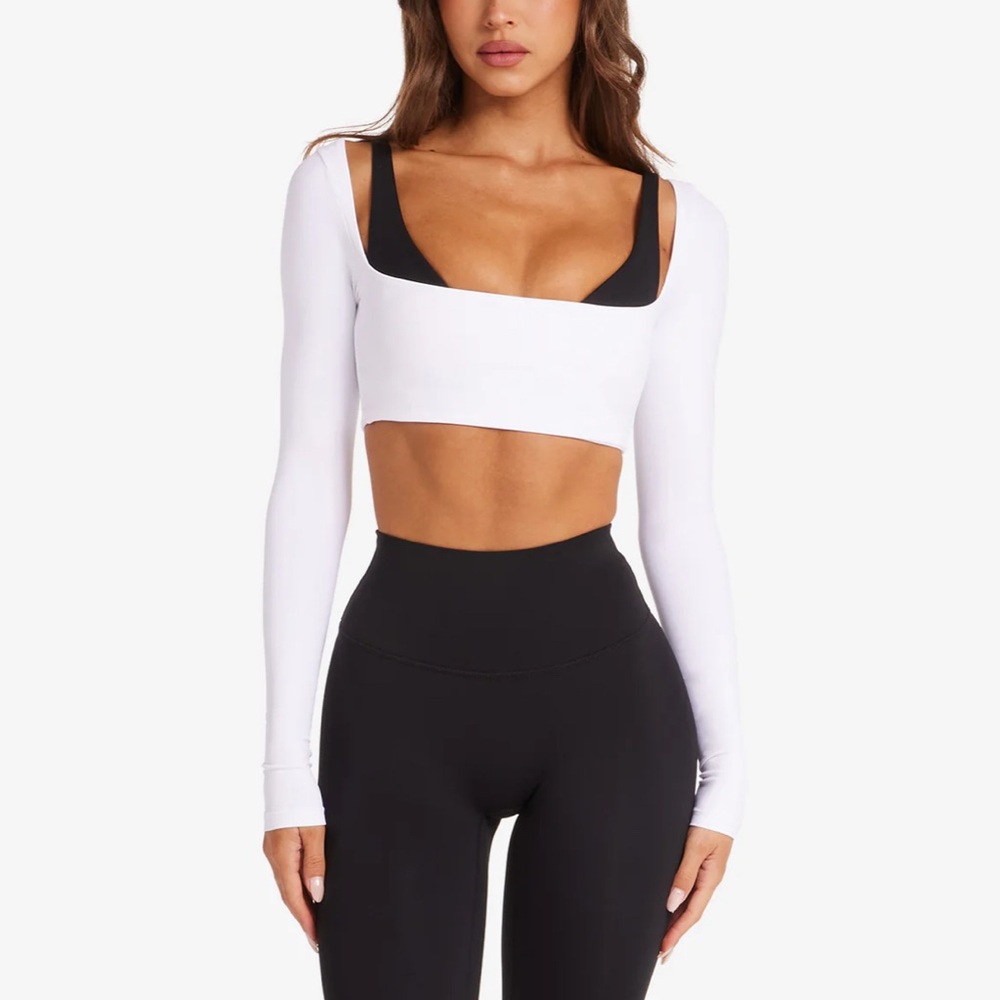 Women's White Long Sleeve Square-Neck Crop Top
